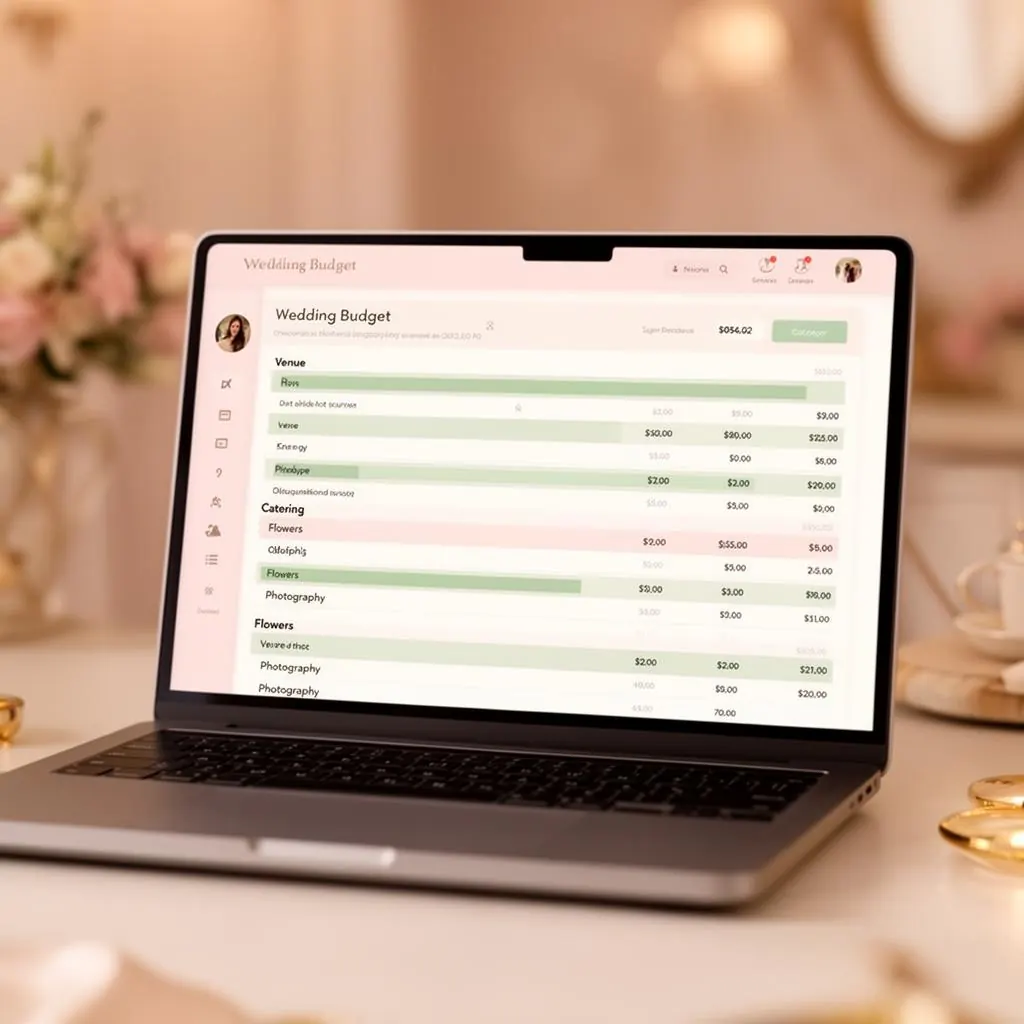 Wedding budget spreadsheet mockup showing cost categories and progress tracking